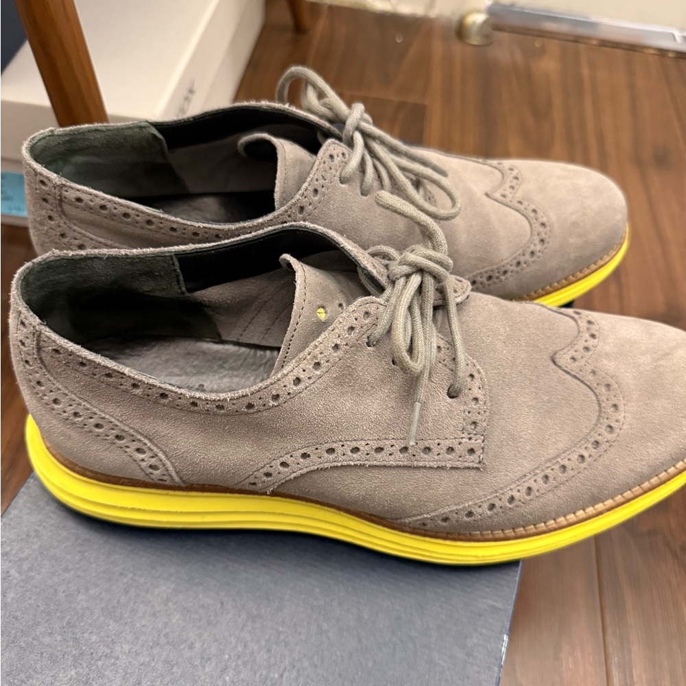 Cole Haan Gray Suede Lunar Grand Wingtip Oxfords with Yellow Sole